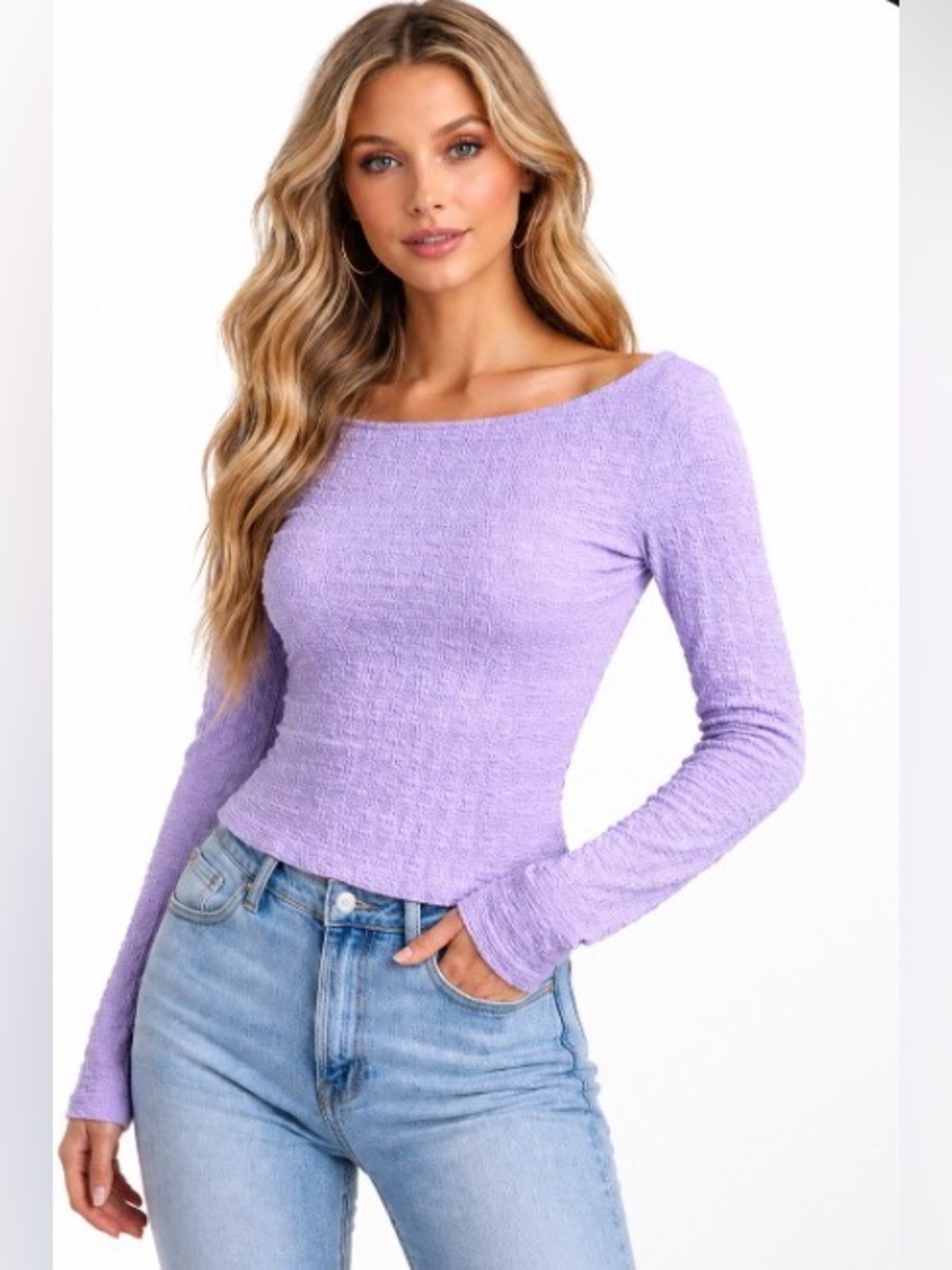 Elodie - NWT. Lilac Long Sleeve Textured Boatneck Top - Size S